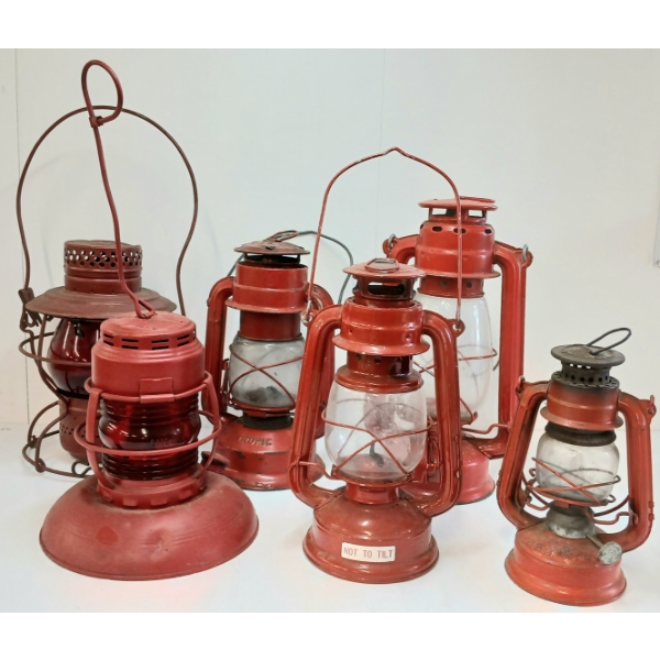 LOT OF 6 - RED RAILWAY & KEROSENE LANTERNS - N.Y.C.S., CHALWYN, WINGED WHEEL, ETC