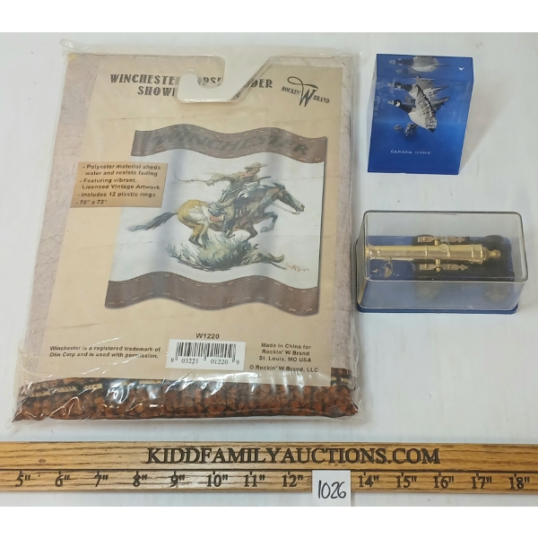 LOT OF 3 - WINCHESTER SHOWER CURTAIN, MODEL CANNON & CDN GOOSE SOUVENIR