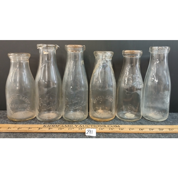 LOT OF 6 - MILK BOTTLES - WHITBY, WESTON, ROOTS, RIVERSIDE, CAIRNCROFT, ETC