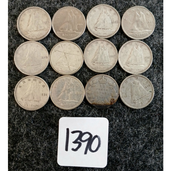 LOT OF 12 - 1935-1972 CDN 10 CENT COINS