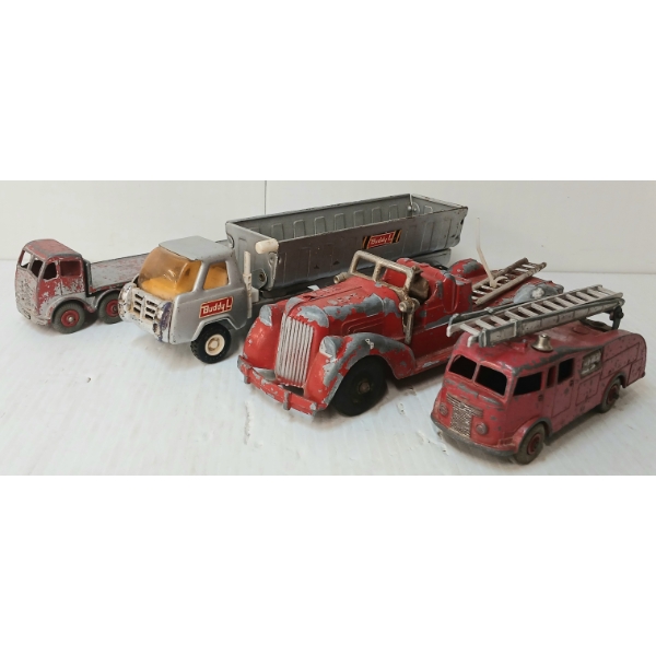 LOT OF 4 - BUDDY L, DINKY & MISC DIECAST FIRE TRUCK, DUMP & FLAT BED TRUCKS