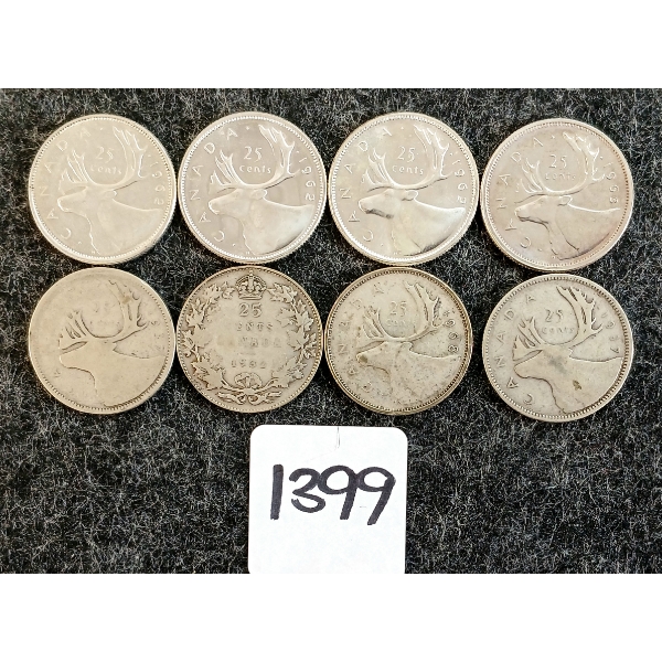 LOT OF 8 - 1932-1968 CDN 25 CENT COINS