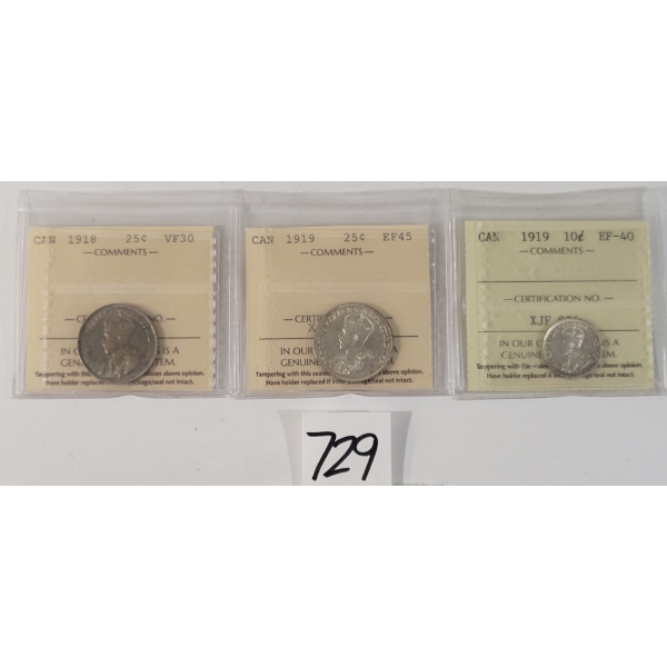LOT OF 3 - 1918 & 1919 CDN 10 & 25 CENT SILVER COINS - ICCS GRADED