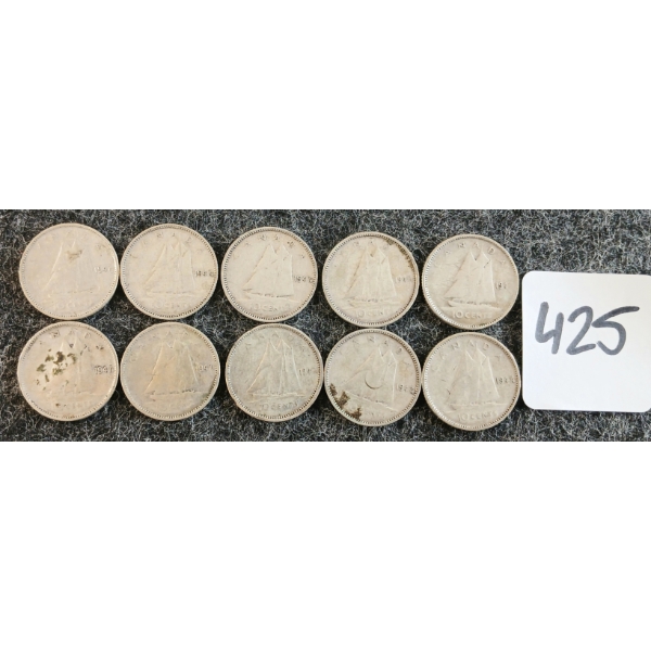 LOT OF 10 - 1947 CDN 10 CENT COINS