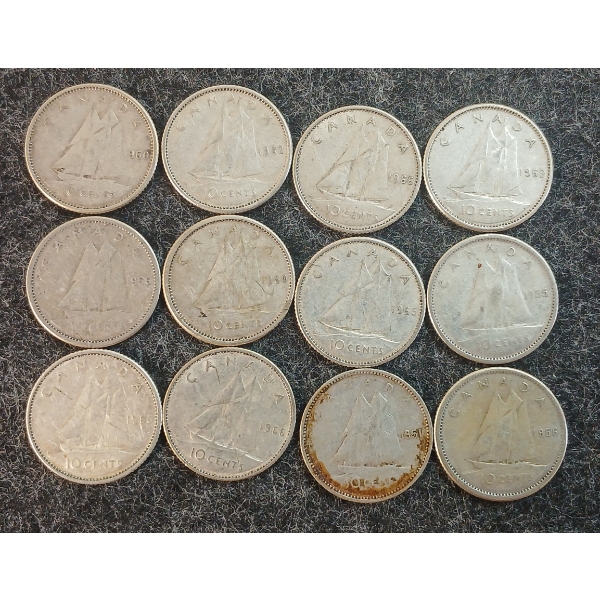 LOT OF 12 - 1951-1966 CDN 10 CENT COINS