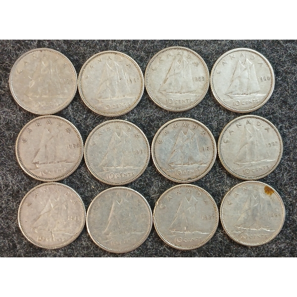 LOT OF 12 - 1955-1966 CDN 10 CENT COINS