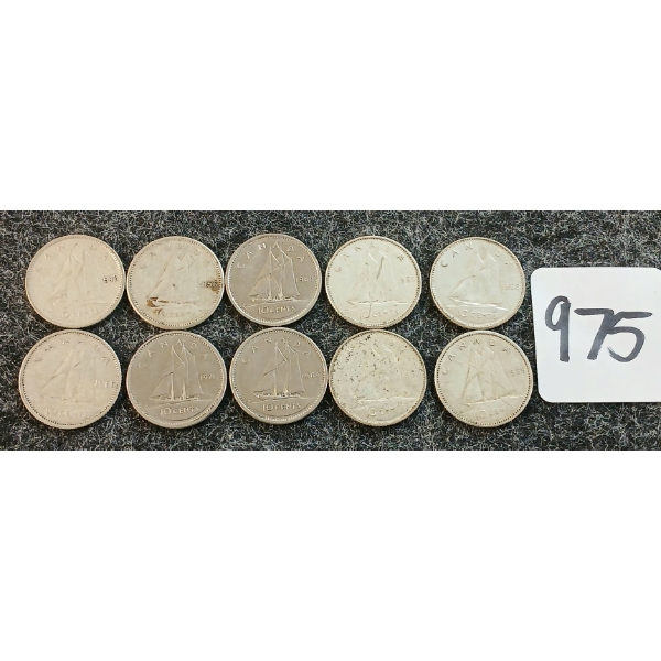LOT OF 10 - 1943-1971 CDN 10 CENT COINS