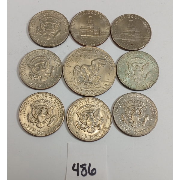 LOT OF 9 - U.S. HALF DOLLARS & DOLLAR PCS - INCL 1972 & 1974, ETC..