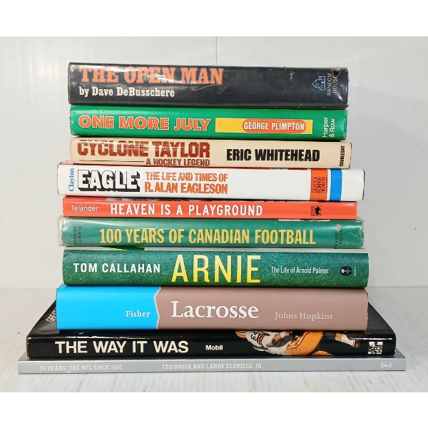 LOT OF 10 - ASSORTED SPORTS BOOKS - LACROSSE, HOCKEY, BASKETBALL, FOOTBALL, ETC