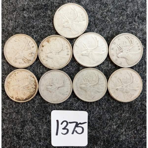 LOT OF 8 - 1944-1968 CDN 25 CENT COINS