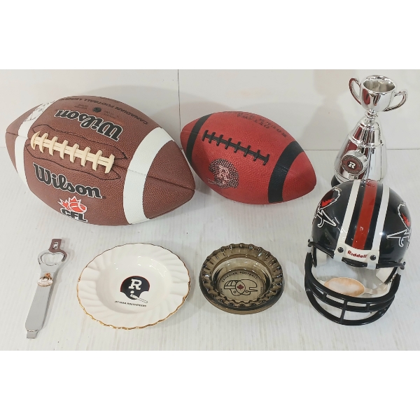 JOB LOT - ASSORTED FOOTBALL COLLECTIBLES - AUTOGRAPHED BALL, GLASS ASHTRAYS, MINI HELMET, ETC