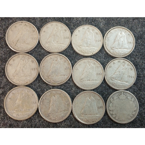 LOT OF 12 - 1952-1966 CDN 10 CENT COINS