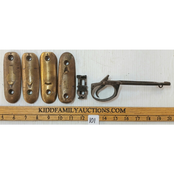 QTY OF LEE ENFIELD PARTS - TRIGGER HOUSING, SIGHT & BRASS BUTTPLATES
