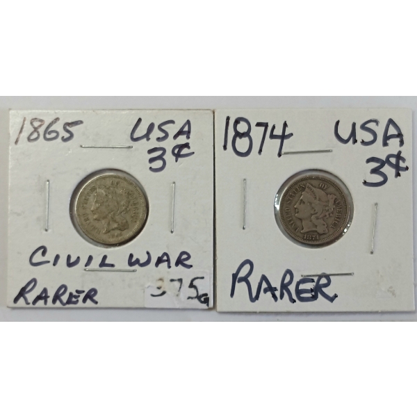 LOT OF 2 - 1865 & 1874 US 3 CENT SILVER COINS