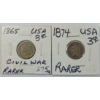 Image 1 : LOT OF 2 - 1865 & 1874 US 3 CENT SILVER COINS