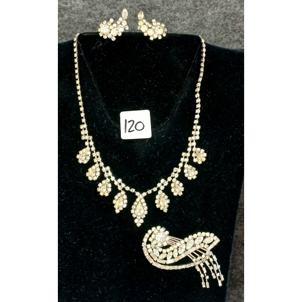 LOT OF 3 - RHINESTONE ART DECO BROOCH, CLIP-ON EARRINGS & NECKLACE 