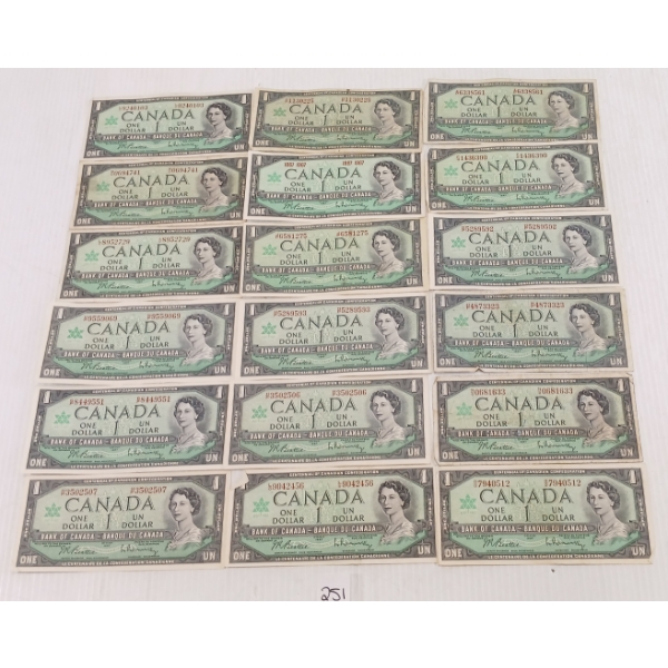 LOT OF 18 - 1967 CDN $1 BANKNOTES
