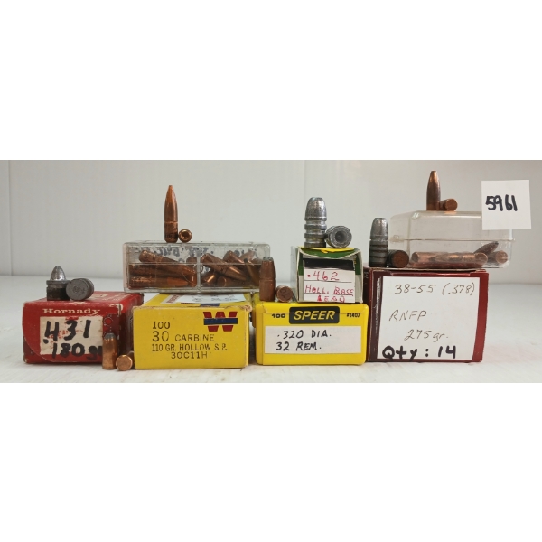 BULLETS: 96X MISC MIXED BULLETS - INCL .32 REM, .38-55, ETC