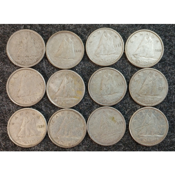 LOT OF 12 - 1945-1966 CDN 10 CENT COINS