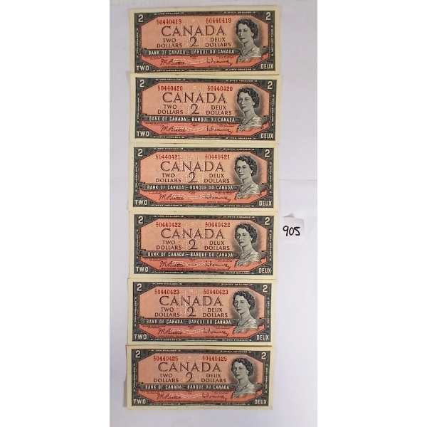 LOT OF 6 - 1954 CDN $2 BANKNOTES - INCL SEQUENTIAL