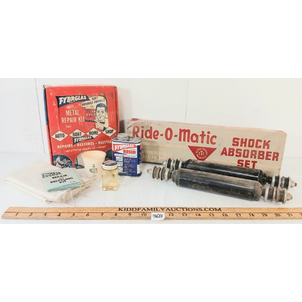 LOT OF 2 - FYBRGLAS METAL REPAIR KIT & RIDE-O-MATICE SHOCK ABSORBER SET