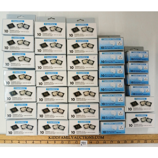 QTY OF LEUCHTTURM SQUARE & ROUND COIN CAPSULES - 27, 28, 36, 38 & 41MM