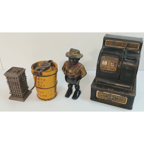 LOT OF 4 - METAL COIN BANKS - INCL MAPLE LEAF REGISTER & NORTH POLE