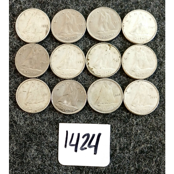 LOT OF 12 - 1949-1968 CDN 10 CENT COINS