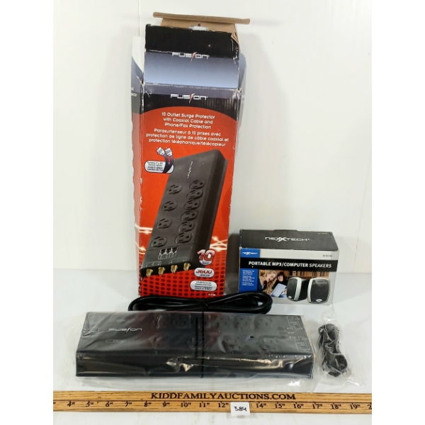 LOT OF 2 - NEXXTECH SPEAKERS & FUSION OUTLET SURGE PROTECTOR