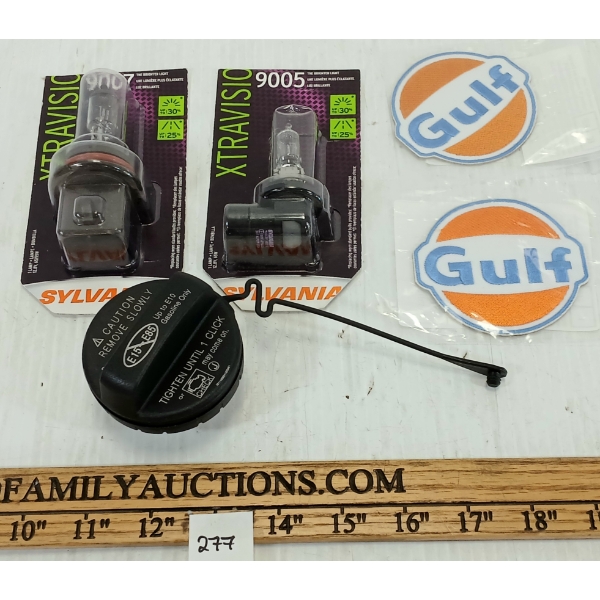 LOT OF 5 - GULF PATCHES, E10 GAS CAP, SYLVANIA XTRAVISION 9005 & 9007 HEADLAMP BULBS