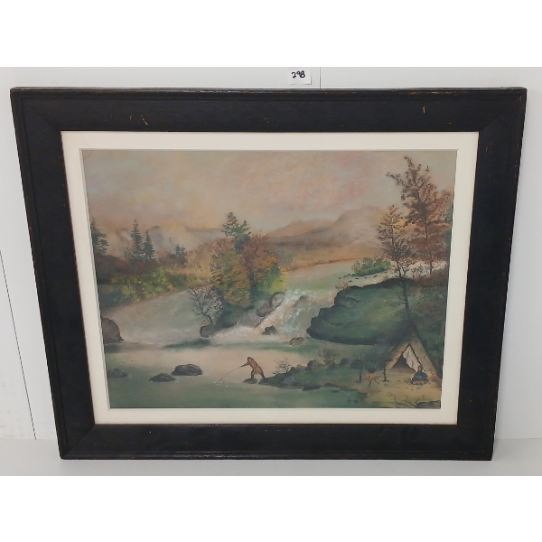 "INDIAN CAMP, TWINSFALLS" BY ALFRED WORSLEY HOLDSTOCK (1820-1901) - FRAMED PASTEL ON CANVAS 