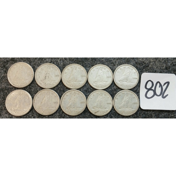 LOT OF 10 - 1956 CDN 10 CENT COINS