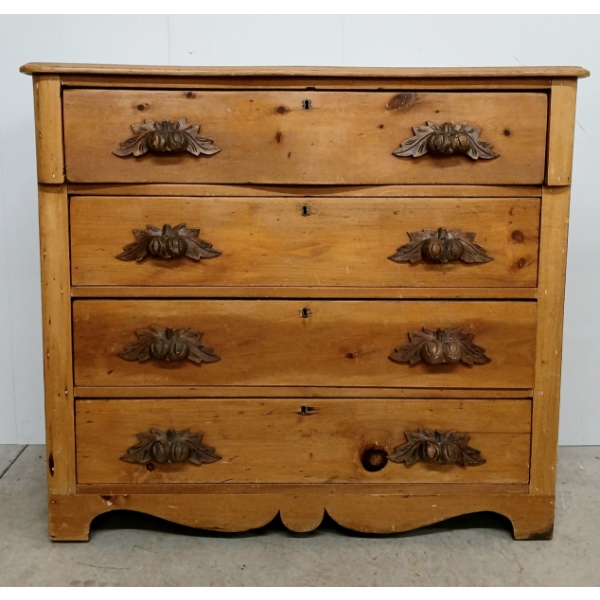 CHEST OF DRAWERS W/ CARVED WALNUT PULLS - COUNTRY VICTORIAN - PINE