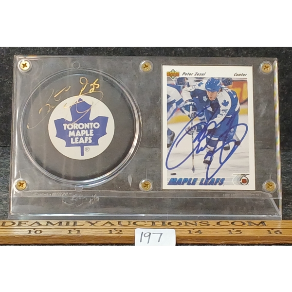 1991 UDC NHL TORONTO MAPLE LEAFS PETER ZEZEL HOCKEY CARD & PUCK - AUTOGRAOHED