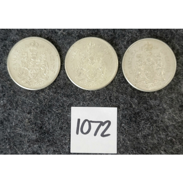 LOT OF 3 - 1959 CDN 50 CENT SILVER COINS