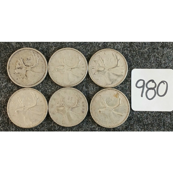 LOT OF 6 - 1943-1965 CDN 25 CENT COINS