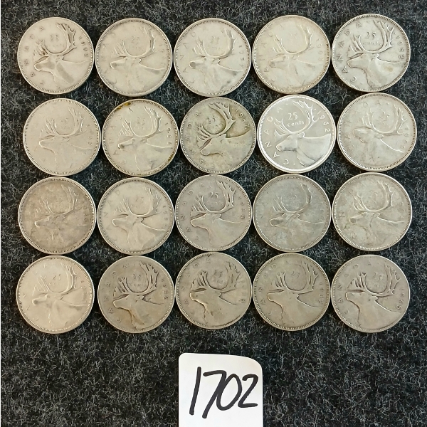 LOT OF 20 - 1942-1966 CDN 25 CENT COINS