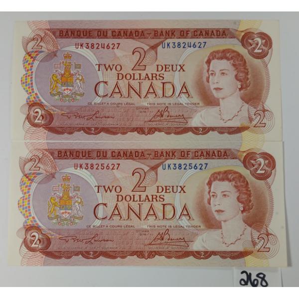 LOT OF 2 - 1974 CDN UNCIRCULATED $2 BANKNOTES
