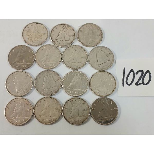 LOT OF 15 - 1943-1968 CDN SILVER DIMES