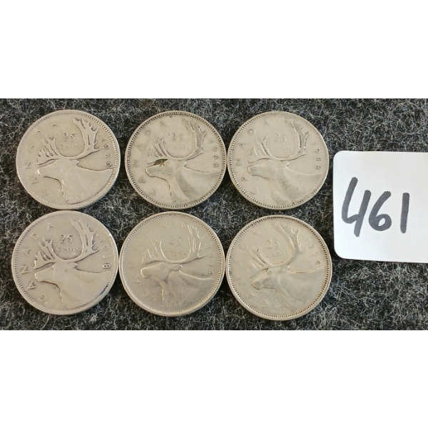 LOT OF 6 - 1938-1953 CDN 25 CENT COINS