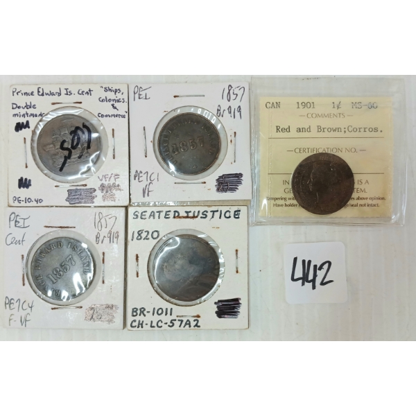 LOT OF 5 - 1857 P.E.I. TOKENS, 1820 SEATED JUSTICE COIN & 1901 CDN 1 CENT