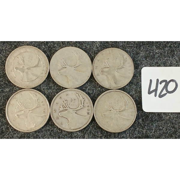 LOT OF 6 - 1940-1965 CDN 25 CENT COINS