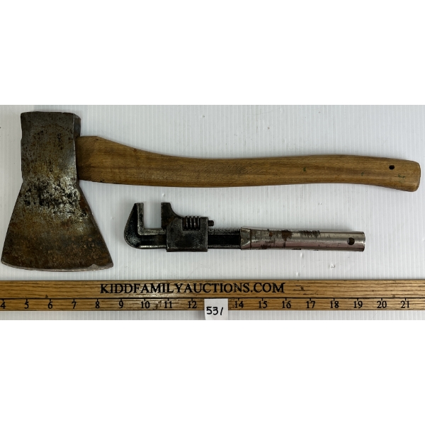 LOT OF 2 - US/CDN FANTAIL HATCHET & 9IN ADJ STEEL MONKEY WRENCH