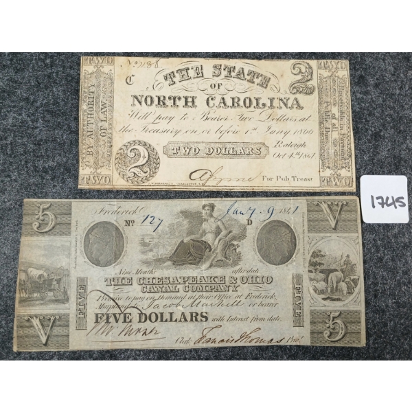 LOT OF 2 - 1867 NORTH CAROLINA $2 & 1841 CHESAPEAKE & OHIO $5 BANKNOTES 
