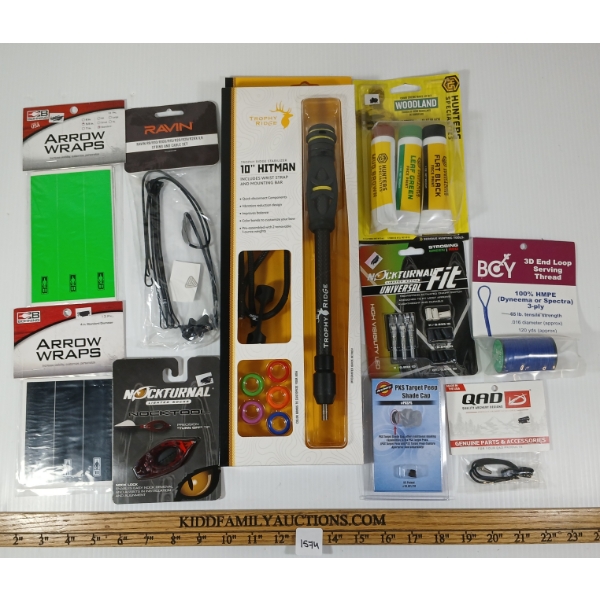 LOT OF 10 - TROPHY RIDGE 10IN HITMAN STABILIZER, LIGHTED NOCKS, CABLE CLAMP KIT, ETC