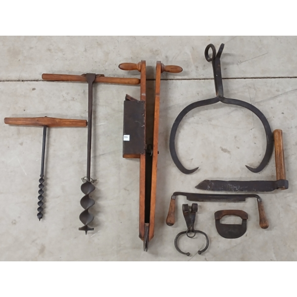 LOT OF 8 - PRIMITIVE HANDHELD TOOLS - INCL AUGERS, ICE TONGS, ETC 