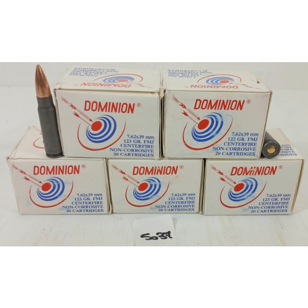 AMMO: 100X DOMINION 7.62X39MM - 123GR - FMJ 