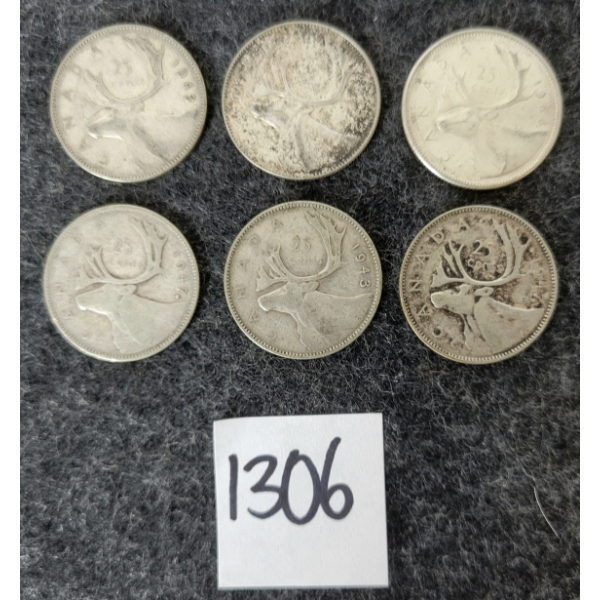LOT OF 6 - 1943-1966 CDN 25 CENT SILVER COINS
