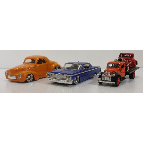 LOT OF 3 - JADA DIECAST 1941 WILLYS COUPE, '64 CHEVROLET IMPALA & '41 FLATBED TRUCK MODELS