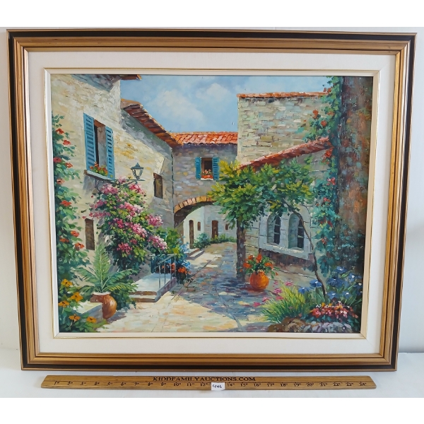 SUMMERTIME COURTYARD BY W. BRANDT - FRAMED OIL ON CANVAS 